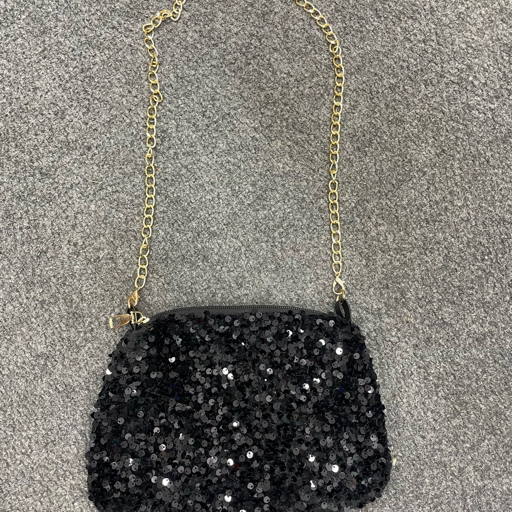 Black Sequin Shoulder Bag with Gold Chain